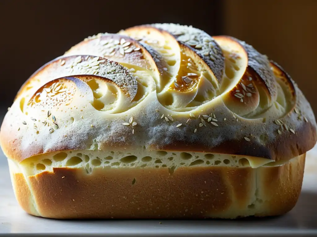 Deliciosa hogaza artesanal recién horneada con crocante corteza dorada y miga suave, adornada con semillas de lino y miel brillante