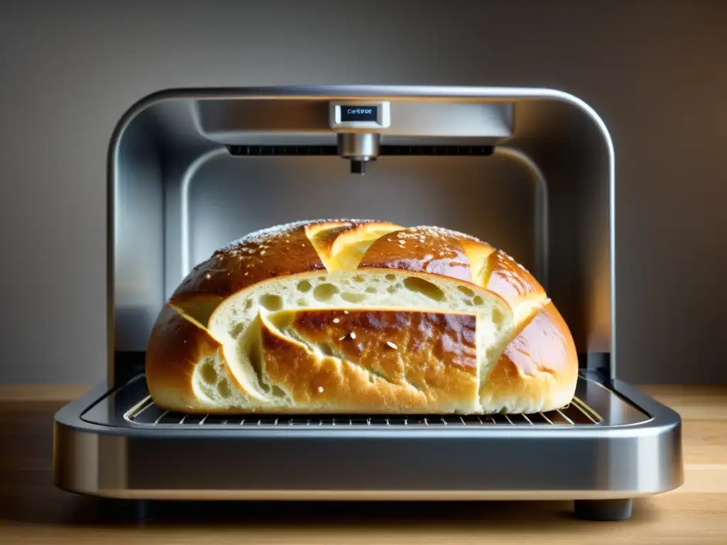 Una deliciosa hogaza de pan recién horneado emerge de una elegante máquina de hacer pan casera, con una textura dorada y crujiente