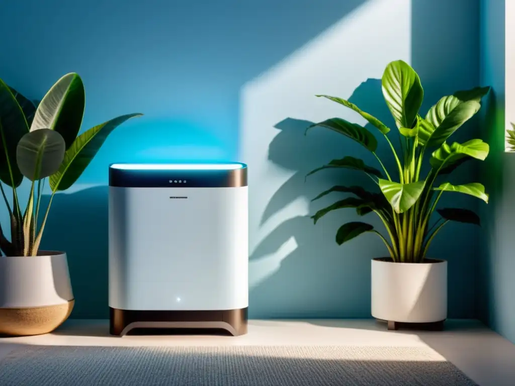 Deshumidificador moderno en un ambiente fresco y luminoso Un deshumidificador moderno en un ambiente fresco y acogedor, rodeado de plantas verdes