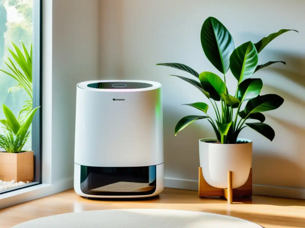 Desumidificador moderno en sala luminosa Un deshumidificador moderno en un ambiente hogareño, rodeado de plantas verdes
