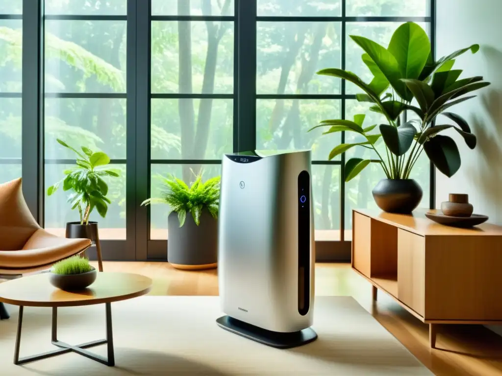 Deshumidificador moderno en elegante sala de estar Un deshumidificador moderno y eficiente en un elegante salón, rodeado de plantas y muebles, creando un ambiente acogedor