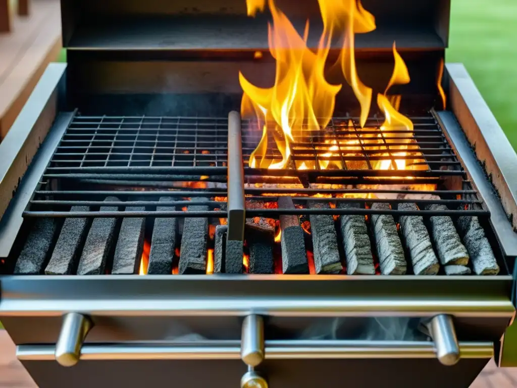 Detallada imagen de una barbacoa de carbón tradicional, con brasa suave y ambiente acogedor, en contraste con el entorno moderno de patio