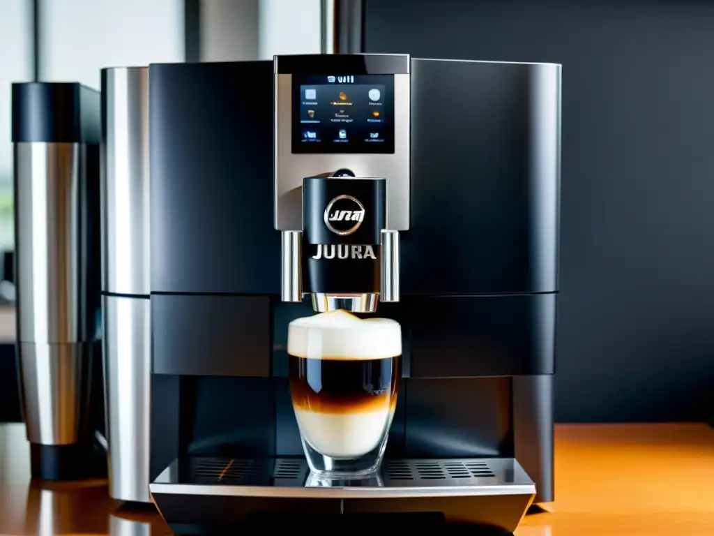 Detallada imagen de la moderna cafetera automática Jura Z8 en acero inoxidable y negro, con opciones de preparación de café