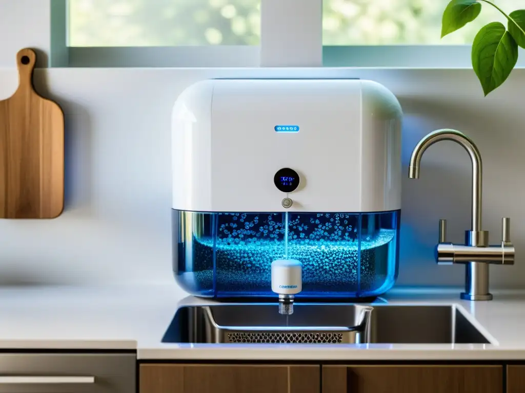 Detallada imagen de un moderno sistema de purificación de agua por ósmosis inversa bajo fregadero, con diseño minimalista y tecnología avanzada