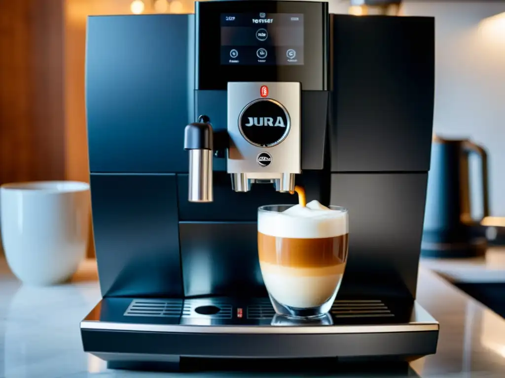 Detalle de la cafetera automática Jura Z8 en negro y plata, con cappuccino perfectamente elaborado en encimera de mármol