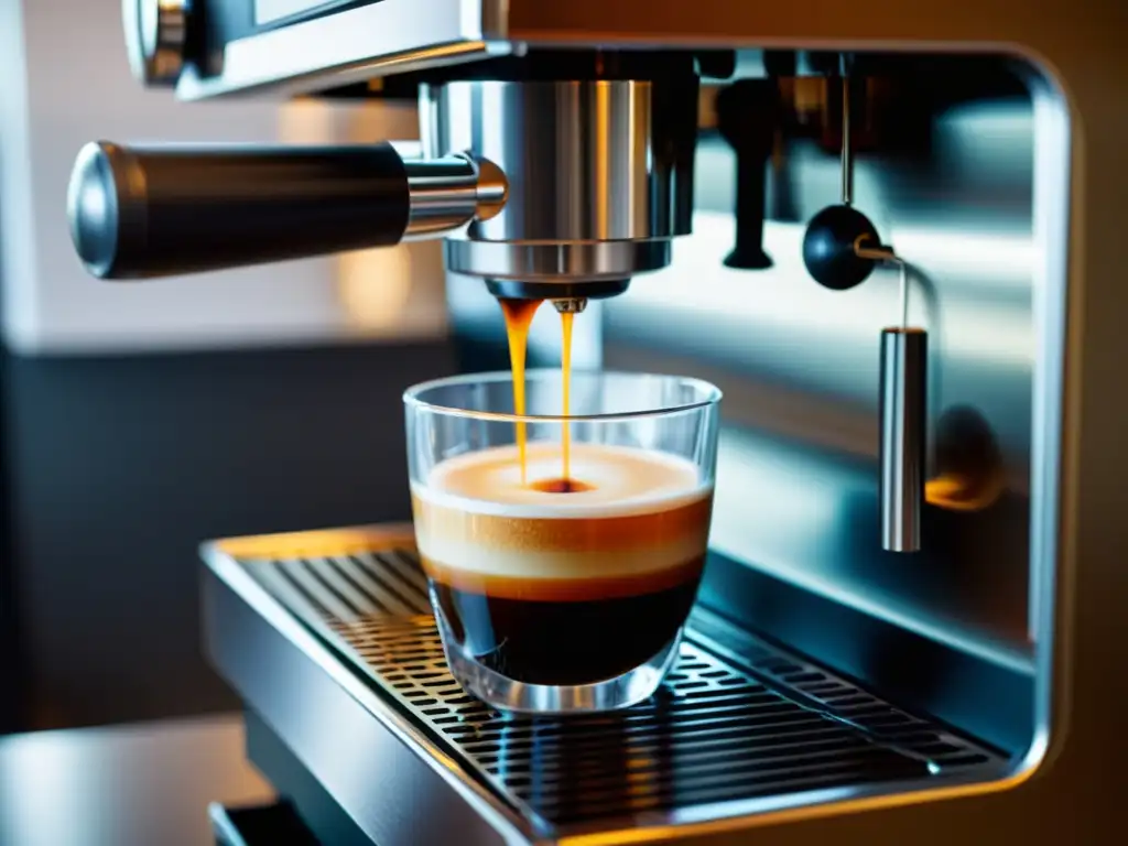 Detalle de la cafetera automática NOP en acción, extrayendo un espresso dorado y aromático con tecnología de extracción de precisión