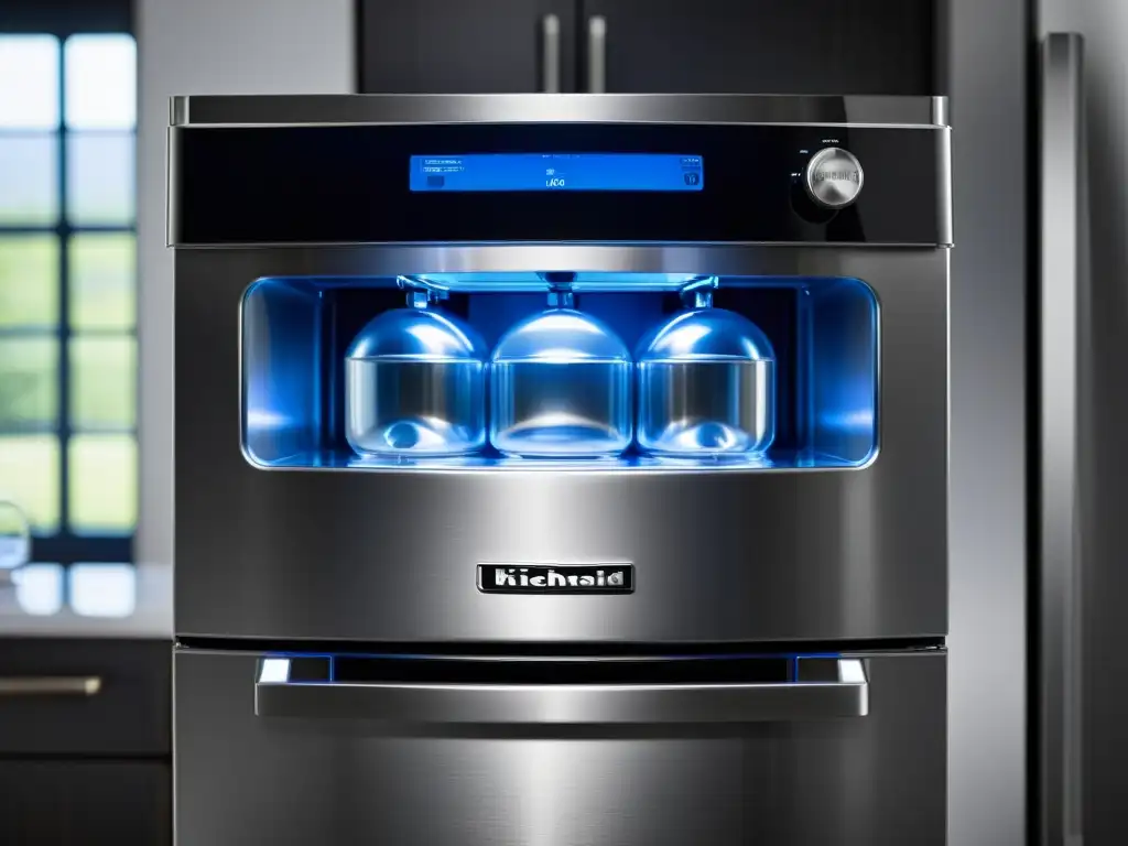 Detalle de la elegante máquina de hielo KitchenAid, reflejando la luz ambiental y su diseño moderno en acero inoxidable