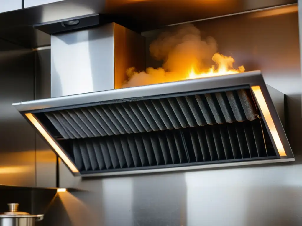 Detalle de extractor de humo averiado en cocina moderna, resaltando la necesidad de reparar tecnología del hogar