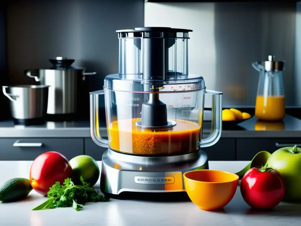 Detalle impresionante de una moderna procesadora de alimentos en un elegante entorno de cocina