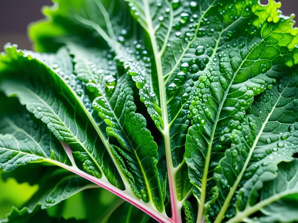 Detalle de la extracción lenta de jugo de una hoja de col rizada en un moderno extractor