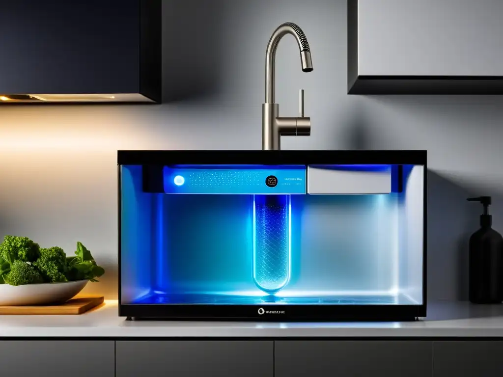 Detalle de los mejores sistemas de filtrado de agua, innovación y pureza bajo el fregadero de una cocina moderna