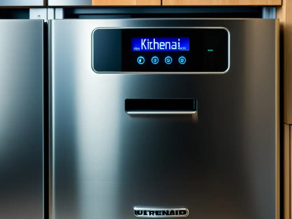 Detalle de la moderna máquina de hielo KitchenAid, con panel de control intuitivo y diseño elegante en acero inoxidable