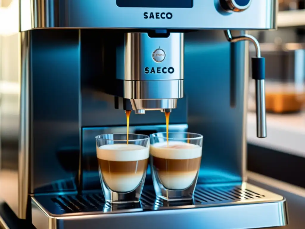 Detalle de la moderna máquina de café espresso Saeco Xelsis, con su diseño elegante y componentes intrincados, creando el mejor café en casa