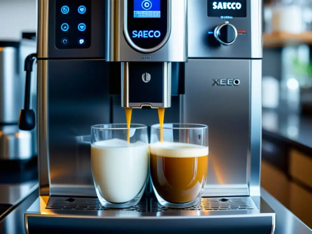 Detalle de la moderna máquina de café espresso Saeco Xelsis con elegante diseño en acero inoxidable pulido y acentos negros