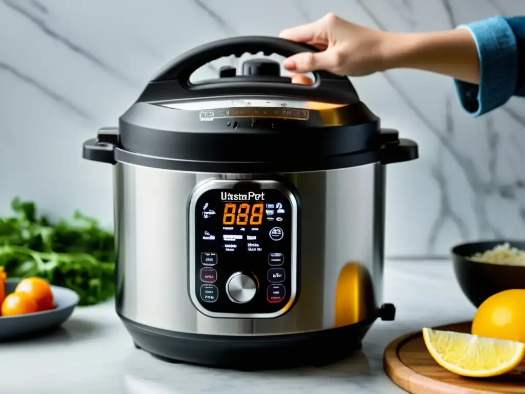 Detalle de la moderna olla a presión eléctrica Instant Pot, con diseño de acero inoxidable, panel iluminado y vapor suave