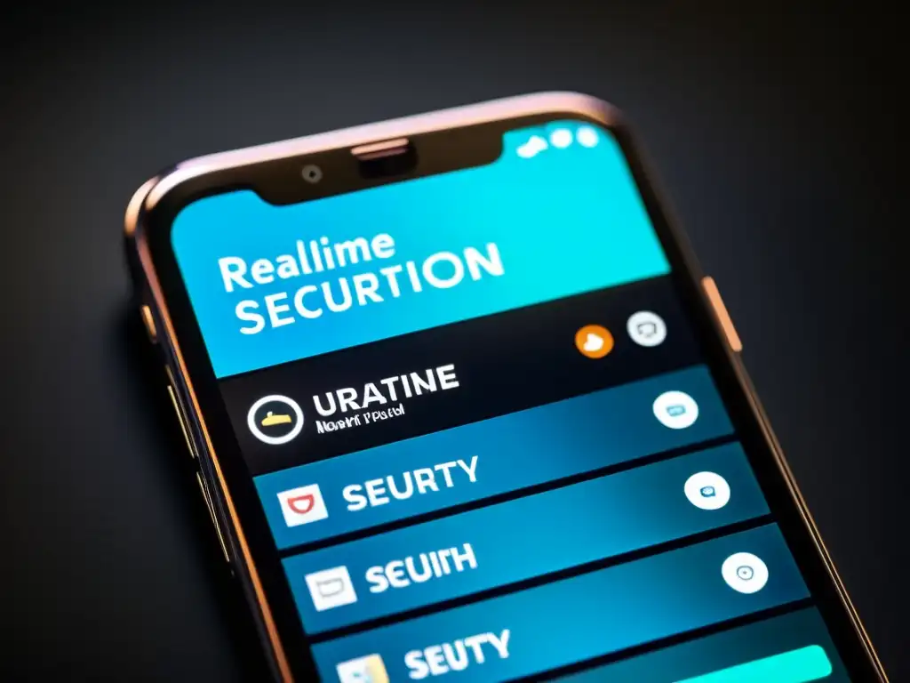 Detalle de pantalla de smartphone con notificaciones de seguridad en tiempo real, interfaz moderna y vibrantes colores sobre fondo oscuro