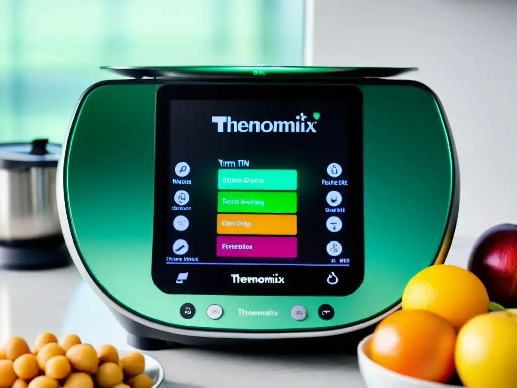 Detalle de alta resolución de la Thermomix TM6 con sus modos de cocina y funciones, mostrando colores vibrantes y modernidad