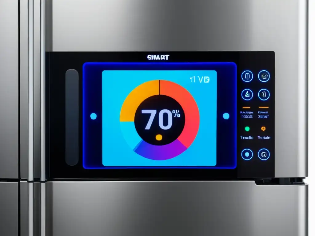 Detalle ultradetallado de pantalla de termostato digital en frigorífico inteligente, mostrando configuraciones de temperatura y mensajes de error