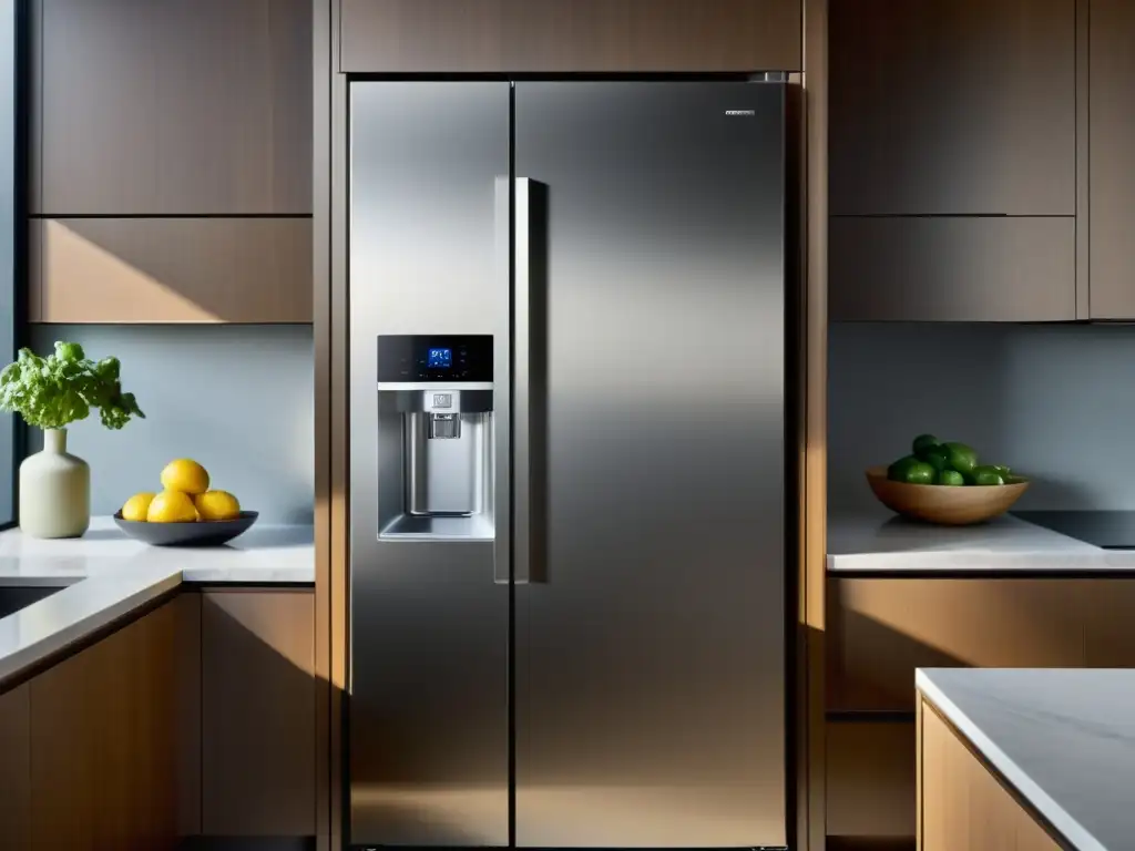 Detalle ultramoderno de puerta de refrigerador con acabado antibacterial mate, reflejando la cocina