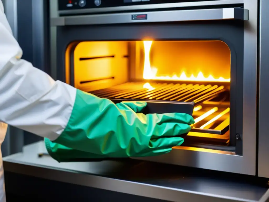 Diferencias entre hornos pirolíticos y catalíticos: Técnico limpiando con precisión el interior de un horno catalítico