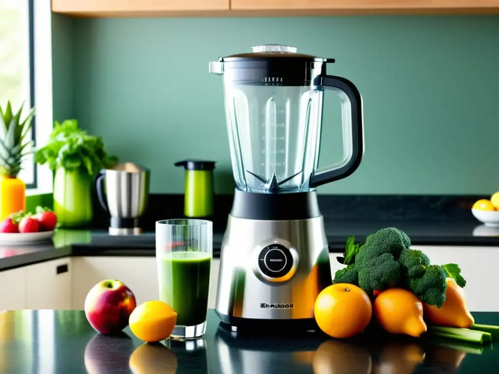 Diferencias entre licuadoras y extractores: Cocina moderna con licuadora llena de batido verde y extractor con frutas y verduras frescas