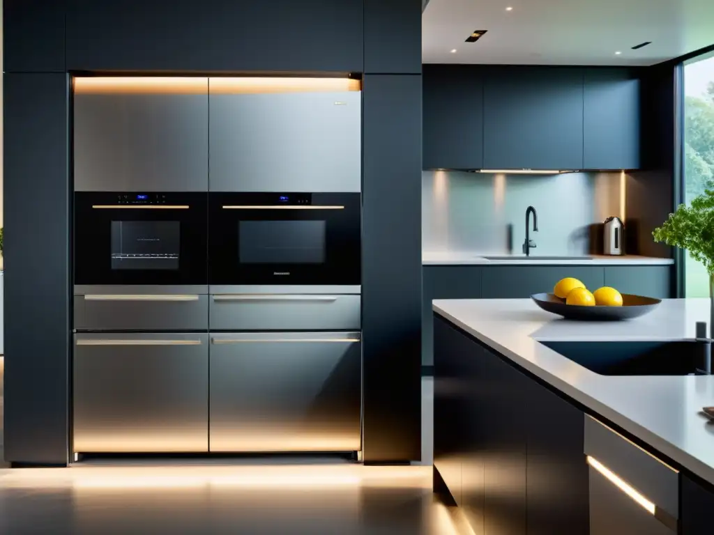 Cocina moderna con electrodomésticos de alta tecnología Un diseño minimalista y futurista que muestra la integración de la tecnología en electrodomésticos de cocina modernos