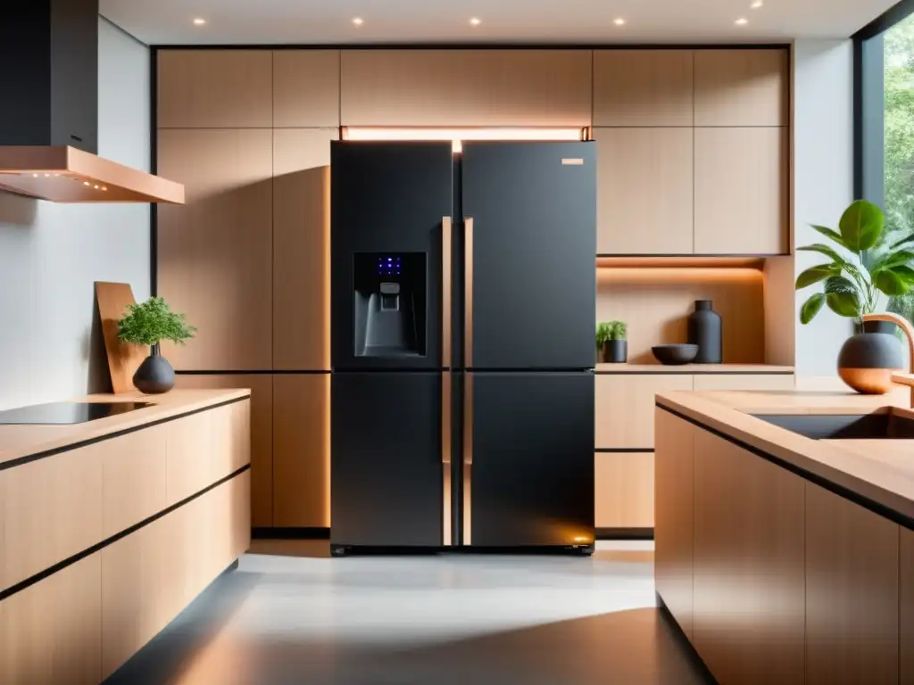 Diseños de electrodomésticos para decoración: Un moderno refrigerador negro mate iluminado por LED, con elegantes detalles geométricos en oro rosa