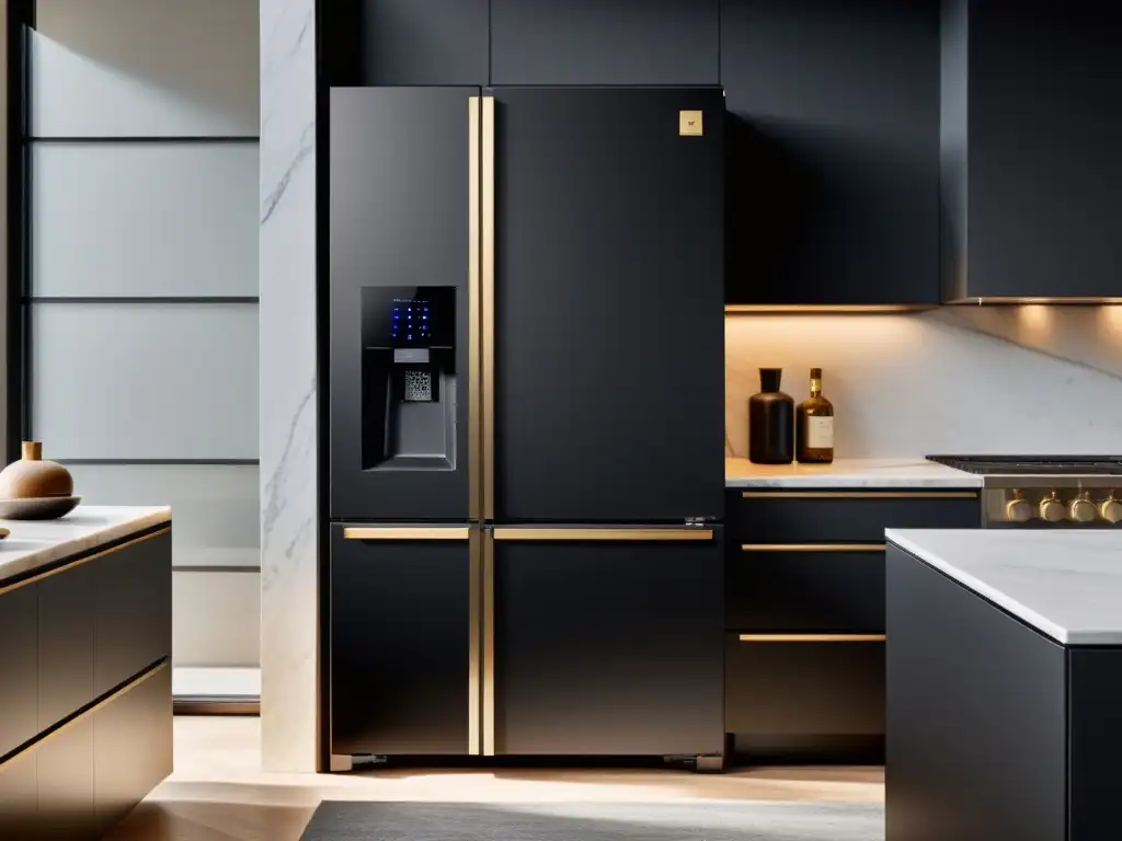 Diseños de electrodomésticos para decoración: Refrigerador negro mate en cocina contemporánea elegante con acabados en mármol y acero inoxidable