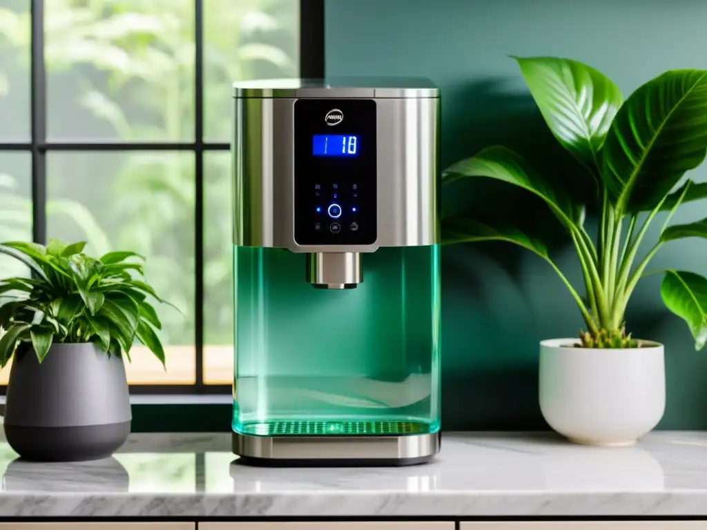 Dispensador de agua para hogar de diseño contemporáneo, con filtro integrado y pantalla LED, sobre encimera de mármol rodeado de plantas verdes