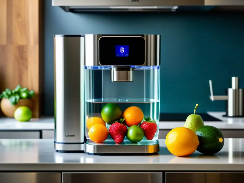 Dispensador de agua para hogar de diseño moderno en cocina contemporánea, iluminado con frutas frescas y verduras