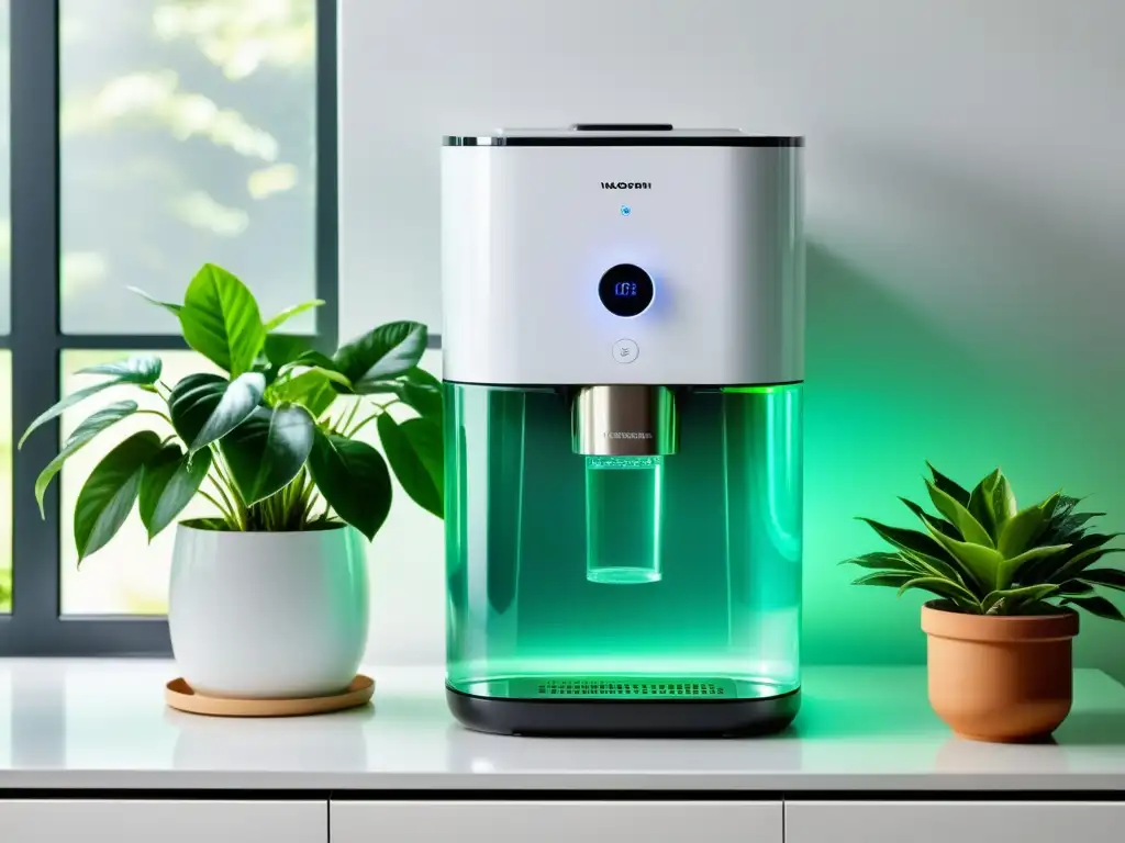 Dispensador de agua para hogar con sistema de purificación interno, rodeado de plantas verdes vibrantes y luz natural, proyectando pureza y modernidad