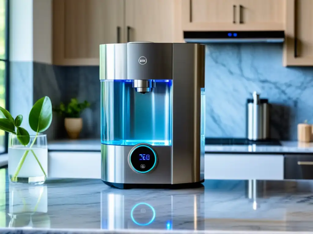 Dispensador de agua moderno con luces LED azules, copas elegantes y cocina minimalista con ventana