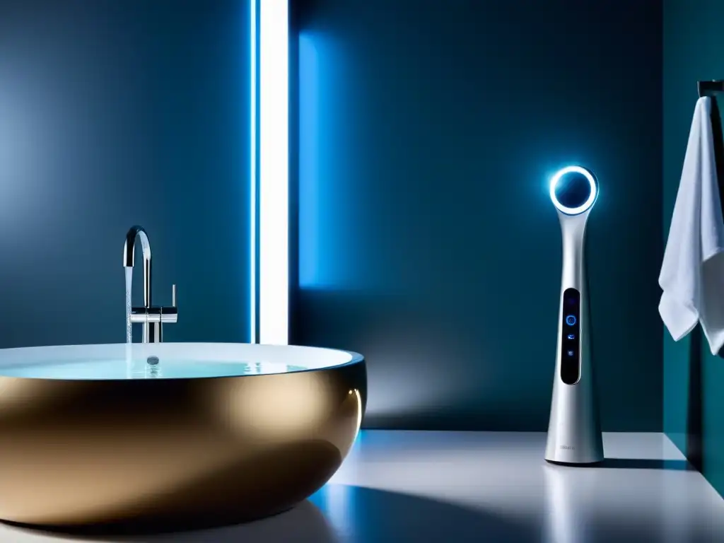 Un dispositivo de belleza para el hogar futurista se muestra en un elegante baño, transmitiendo lujo y relajación