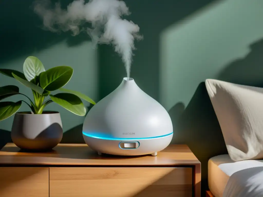 Un dormitorio sereno y acogedor con un moderno humidificador, que mejora la calidad del sueño con su suave neblina