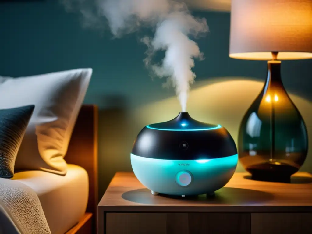 Un dormitorio sereno y moderno con un humidificador contemporáneo, emitiendo suavemente una bruma fresca