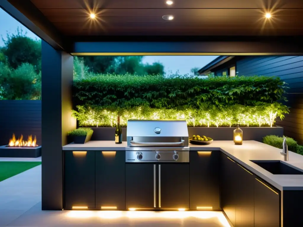 Barbacoa eléctrica moderna en terraza con ambiente acogedor y vegetación exuberante