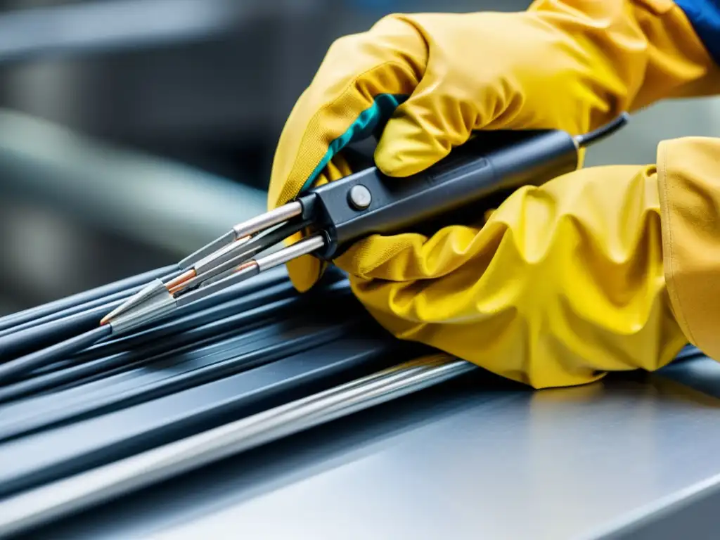 Un electricista profesional con guantes de seguridad utiliza pelacables para preparar una instalación eléctrica segura para microondas