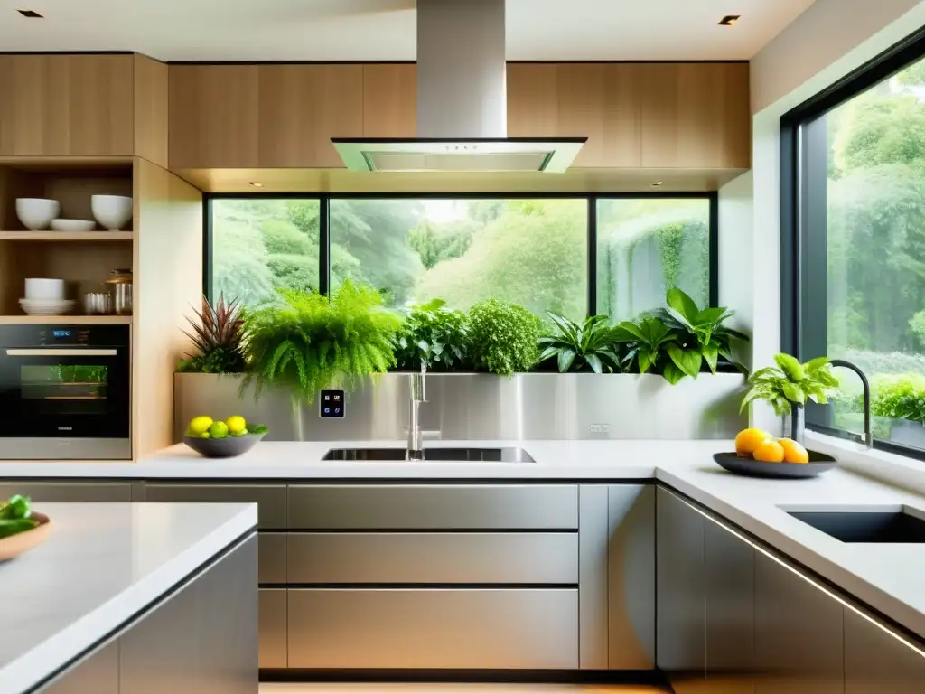 Electrodoméstico multifuncional con tecnología de vanguardia en cocina contemporánea con plantas verdes, luz natural y elegancia