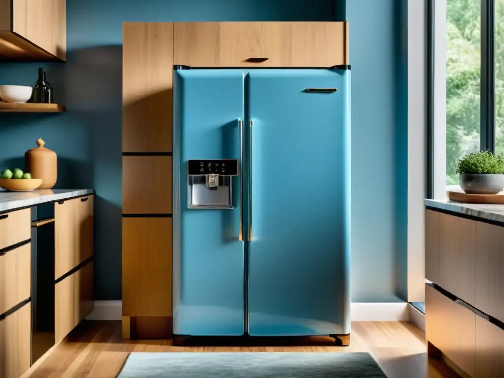 Un electrodoméstico retro moderno para hogar: refrigerador pastel azul con diseño elegante en cocina contemporánea