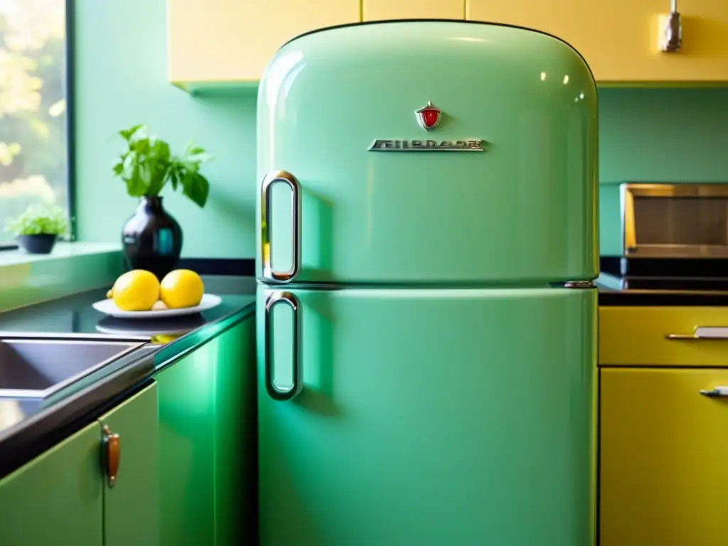 Un electrodoméstico vintage en color verde menta destaca en una cocina retro