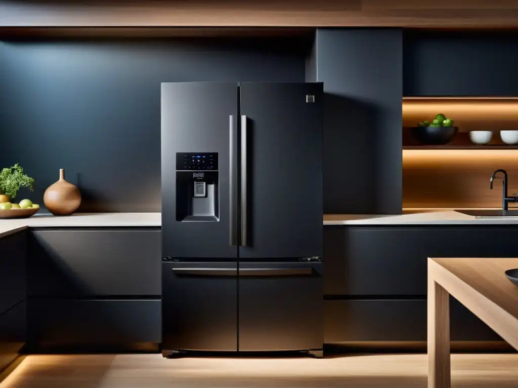 Electrodomésticos con acabados mate: Detalle ultradetallado de un elegante y lujoso refrigerador negro mate en una cocina moderna y minimalista