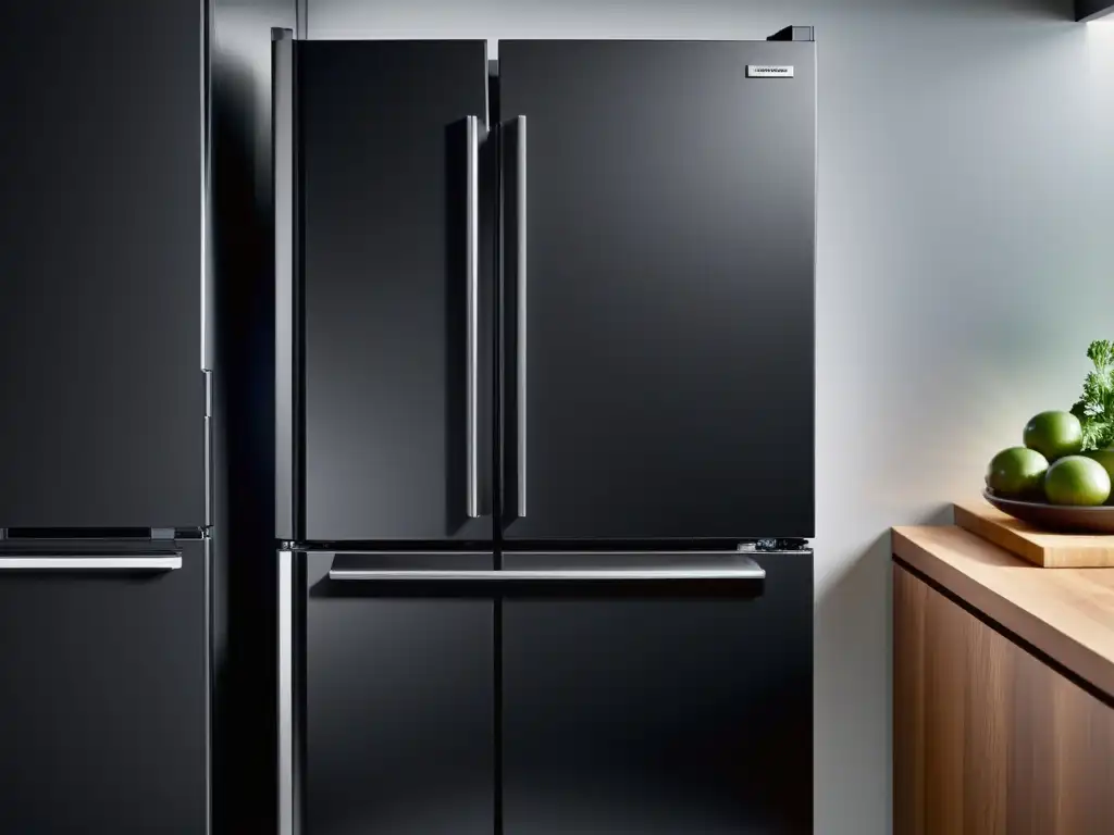 Electrodomésticos con acabados mate: Imagen de un elegante y resistente refrigerador negro mate en una cocina moderna y acogedora