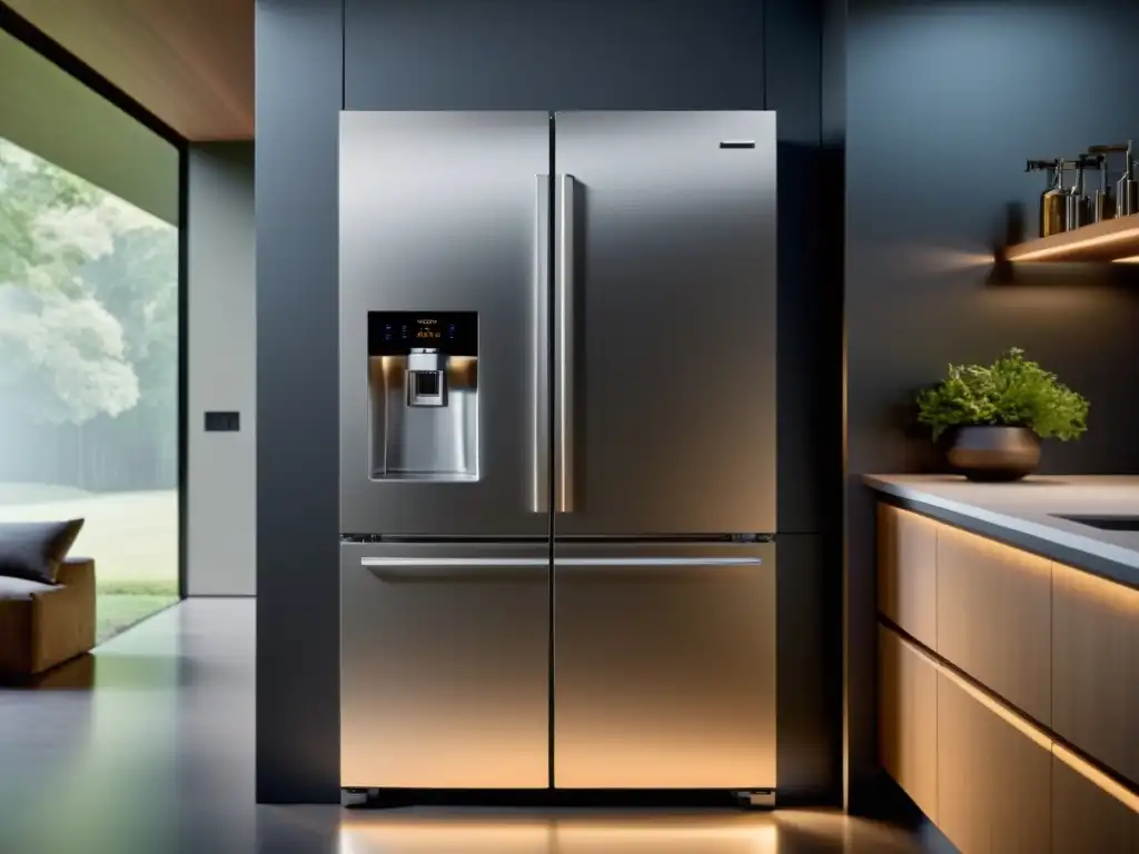 'Electrodomésticos con acabados mate: Un refrigerador moderno y elegante en una lujosa cocina, reflejando la luz ambiental con sofisticación