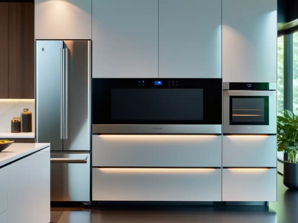 Electrodomésticos con asistentes de voz en una cocina moderna y elegante con luz natural y diseño minimalista