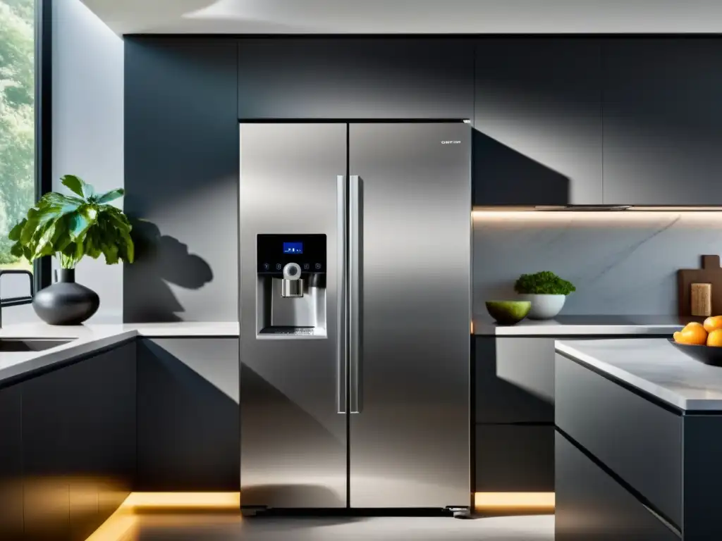 Electrodomésticos con IA para el hogar: Cocina moderna con electrodomésticos futuristas y elegante diseño minimalista