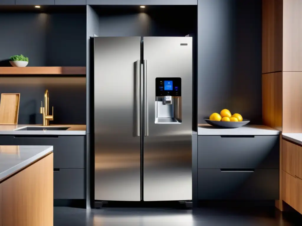 Electrodomésticos con IA para el hogar: Cocina moderna con refrigerador inteligente de última generación y pantalla táctil futurista