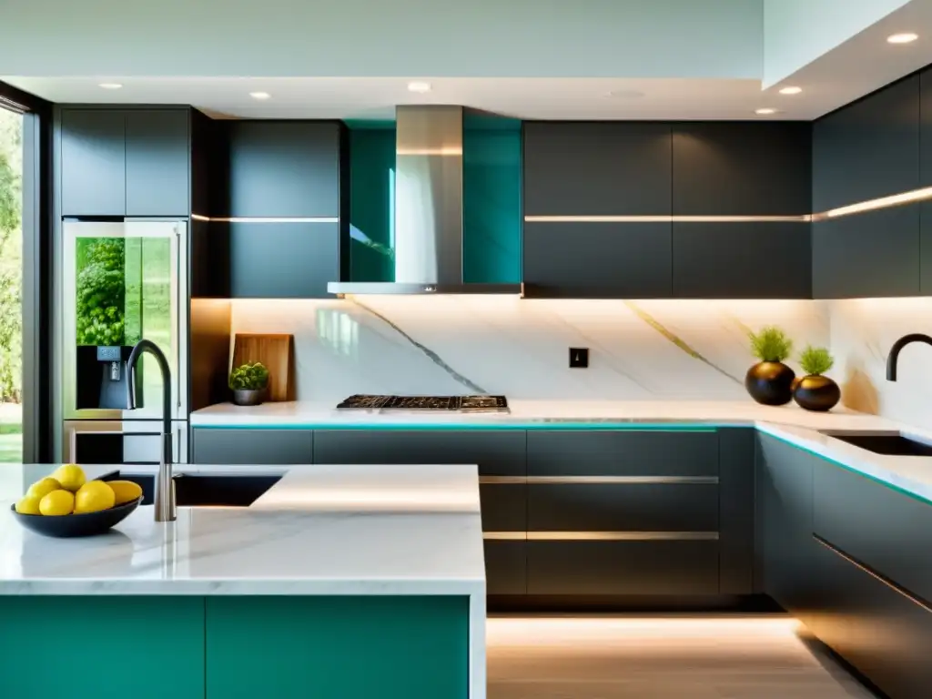 Elegir electrodomésticos que complementen decoración: Cocina moderna con toques de color, encimeras de mármol y electrodomésticos integrados