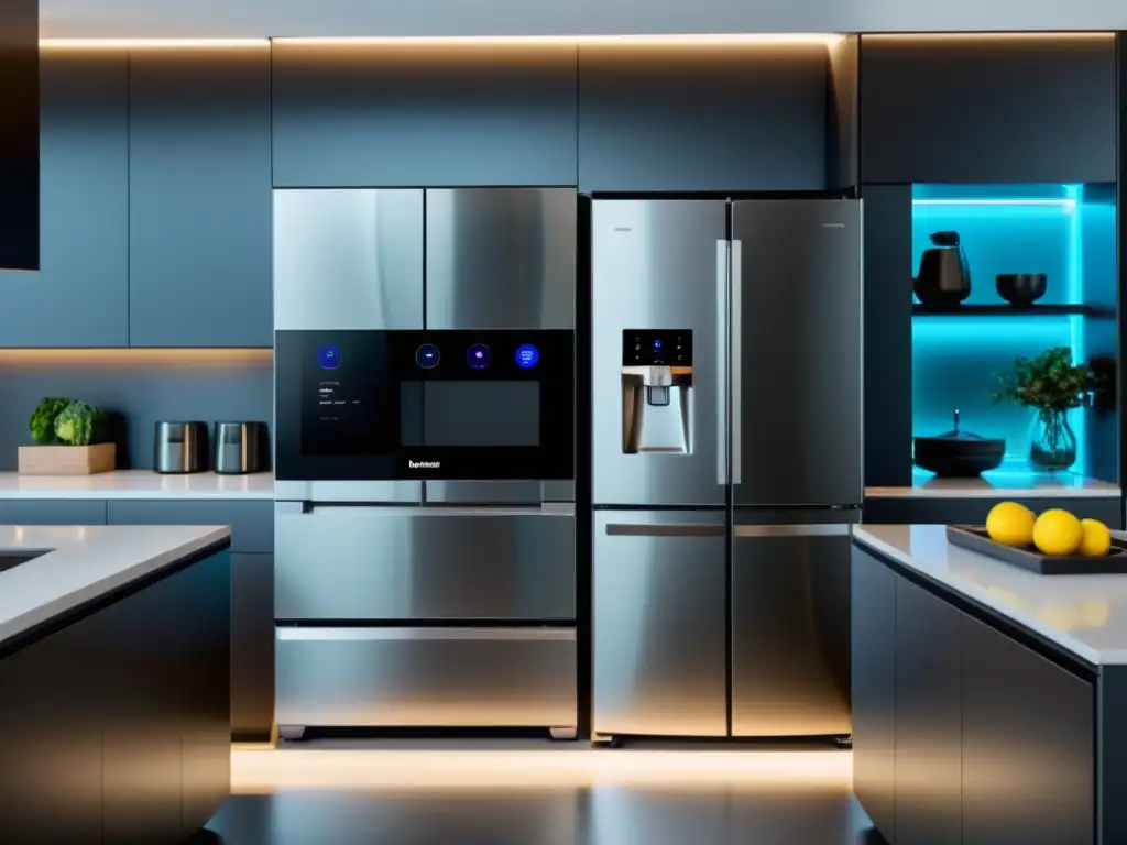 Electrodomésticos compatibles con asistentes virtuales en una cocina futurista y acogedora, con iluminación suave y diseño minimalista