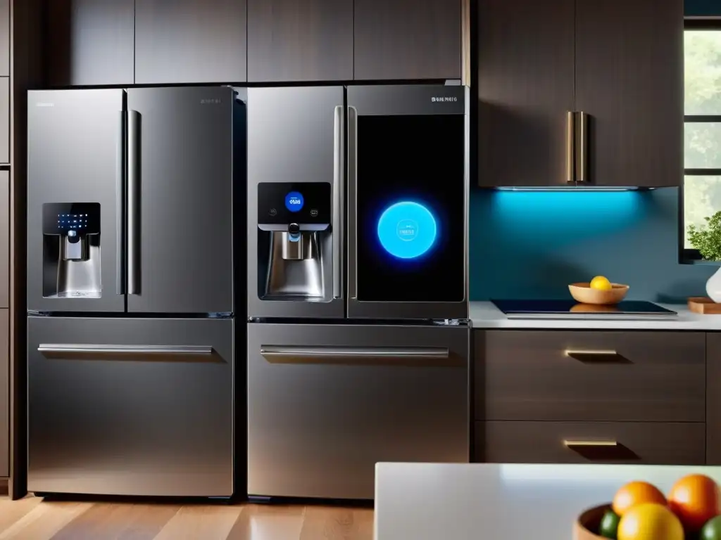 Electrodomésticos compatibles con Samsung Bixby en cocina moderna y futurista, con pantalla táctil y gadgets inteligentes