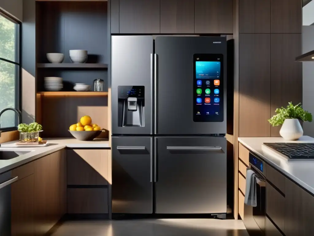 Electrodomésticos compatibles con Samsung Bixby en una cocina moderna y elegante, con refrigerador, horno y lavavajillas conectados de forma inteligente